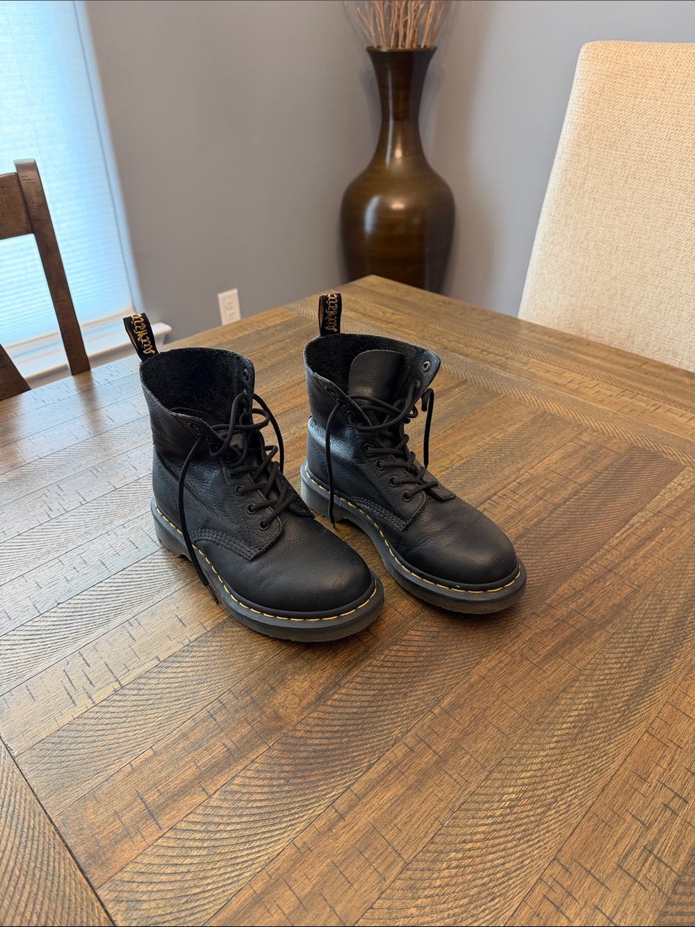 Dr. Martens Black Leather Lace-Up Combat Boots with Yellow Stitching